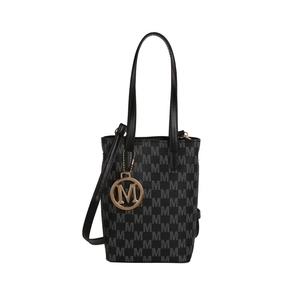 Chic black and grey letter print handbag with gold M pendant and crossbody strap