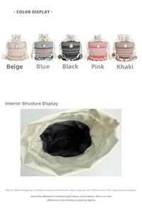 Internal view of a woven bucket bag with pearl details and a drawstring closure
