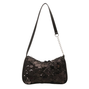 Sac sous le bras à paillettes noires tendance avec bandoulière chaîne et cuir