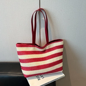Gestreepte Geweven Draagtas Grote Capaciteit Stro Handtas Zomer Strand Casual Schoudertas Boho Stijl Voor Dames