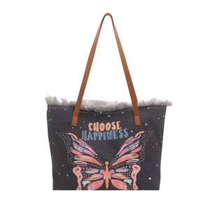Sac fourre-tout en toile gris foncé avec imprimé papillon et anses en cuir marron