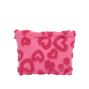 Plush heart pattern cosmetic pouch in vibrant pink lambskin-like fleece texture