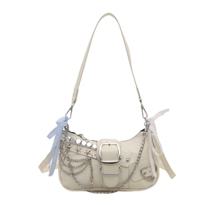 Sac à bandoulière blanc crème chic avec étoiles en métal et nœud à carreaux bleu
