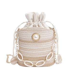 Fashionable woven bucket bag with pearl detail and mixed resin chain strap in beige color