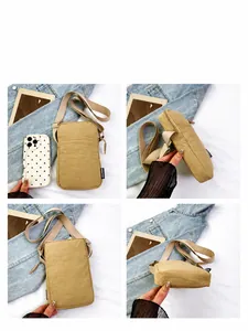 Detail views of khaki mini crossbody phone bag showing durable nylon fabric and structure