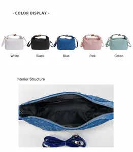 Detaillierte Innenansicht und verschiedene Farben der minimalistischen Denim-Handtasche