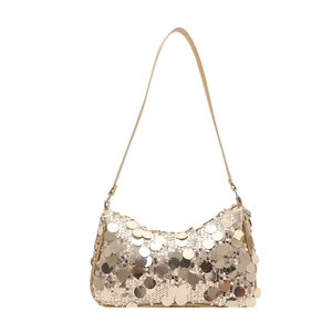 Sac à épaule élégant en paillettes or clair avec disques métalliques et bandoulière