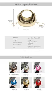 Detailed size and color specs for crescent acrylic clutch bag 13x12x5cm with metal chain