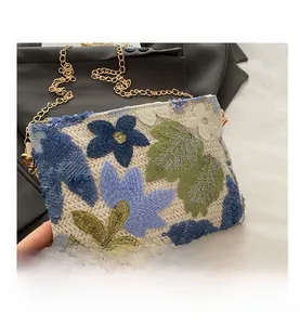 Detailed close-up of floral embroidery and blue sequins on a beige woven chain bag