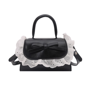 Mini black leather handbag with white lace trim and bow accent for sweet style