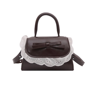 Mini brown PU leather handbag with elegant bow decoration and white lace trim detail