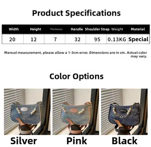 Size chart showing dimensions for the contrast color shoulder bag with sequin texture
