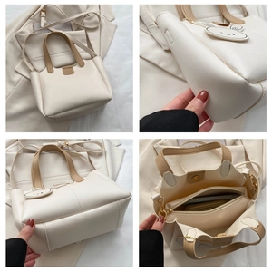 Detailed four-way view showing lychee grain leather, interior layers, and rabbit charm