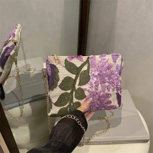 Women New Chinese Style Straw Sequin Embroidery Shoulder Bag Floral Leaf Pattern Fashion Chain Underarm Crossbody Purse