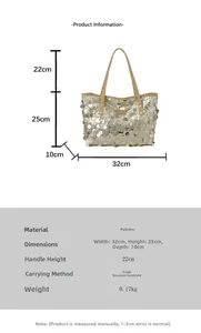 Detailed view of golden sequin tote bag showing dimensions 32x25x10cm and leather handle