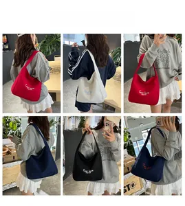 Collage of canvas tote bags in red, beige, and blue with minimalist lettering print