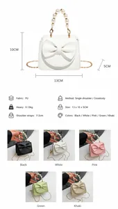 Details der Mini PU-Handtasche mit Perlengriff, Schleifendekor und Größentabelle Maßen