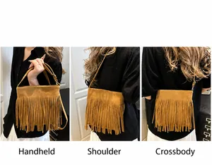 Three-way carry demonstration of yellow suede fringe bag: handheld, shoulder, and crossbody