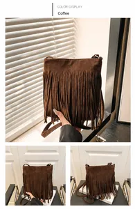 Detail of coffee brown crossbody bag featuring long fringe tassels and matte texture finish