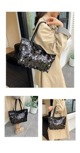Three-way split view of a black sequin tote bag showing light reflection on textures
