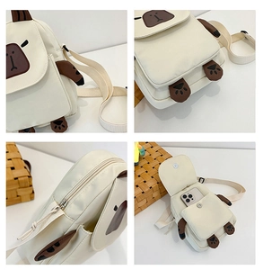 Detail view of capybara plush crossbody bag showing interior capacity and cute embroidery