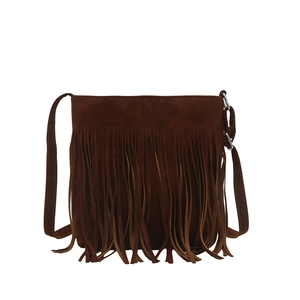 Sac bandoulière en daim marron foncé avec longues franges et boucles argentées