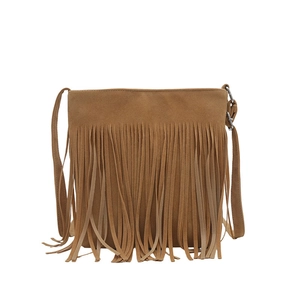 Sac bandoulière rétro en daim chameau avec longues franges bohèmes et métal