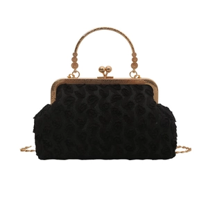 Elegant black rose jacquard evening bag with golden handle and detachable chain strap