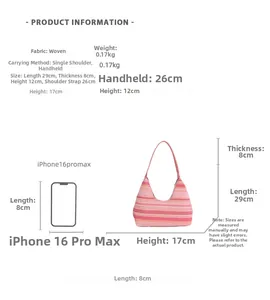 Size chart showing striped woven shoulder bag dimensions and weight with iPhone comparison