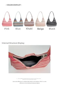 Detail of colorful striped woven tote bags with smooth metal zipper and black lining