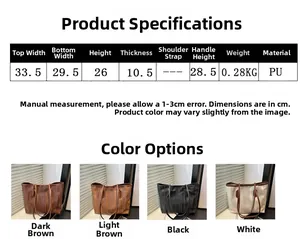Detailed size chart and multi-color options for large capacity PU leather tote bag
