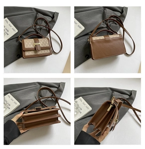 Detailed four-grid view of brown leather square bag with three-layer accordion interior