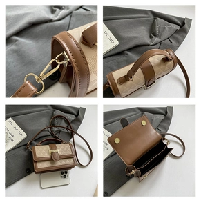 Detailed views of crossbody bag with diamond lattice pattern and internal structure