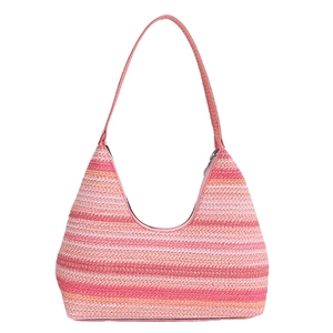 Pink gradient woven half-moon bucket bag with a top handle for summer beach vacations