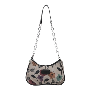 Retro floral crossbody bag with silver chain strap and vintage pattern on white background