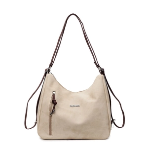 Beige tote bag with fashion logo, dual shoulder straps and functional zippers