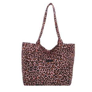 Pink leopard print canvas tote bag with spacious capacity and front patch pocket