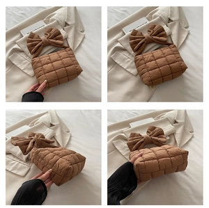 Detailed views of a brown quilted handbag with a unique oversized bow-shaped handle design