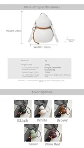 Size chart for gourd-shaped PU shoulder bag showing dimensions and five color options