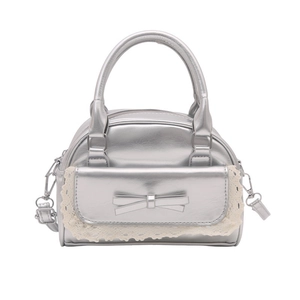 Borsa bowling argento con fiocco 3D e bordo in pizzo bianco per donna