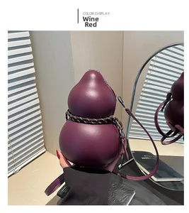 Detail of burgundy gourd-shaped PU leather crossbody bag with braided rope accent