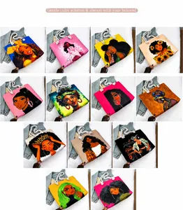 Detailed grid showing thirteen diverse artistic African woman prints on canvas tote bags