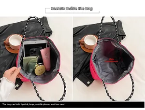 Macro detail of spacious pink nylon tote showing interior pockets and daily essentials storage