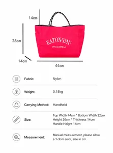 Size chart detail of waterproof nylon tote bag with dimensions and technical specifications