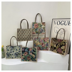 Group display of six large-capacity canvas tote bags with vintage floral and ethnic prints