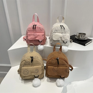 Mini Rucksack Für Damen Cord Textur Smiley Gesicht Druck Kleiner Tagesrucksack Mit Plüschball Anhänger Stilvolle Tasche
