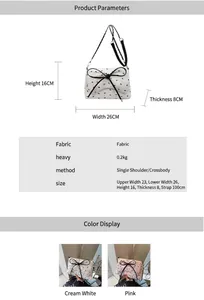 Detailed size specifications for bow shoulder bags in cream and pink fabric options