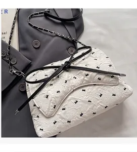 Detail of white quilted handbag featuring black rabbit embroidery and ribbon bow decoration