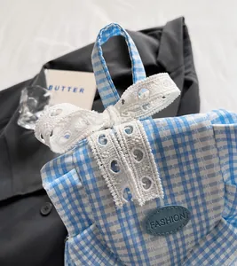 Detailed shot of blue plaid fabric backpack with white lace bow and FASHION logo
