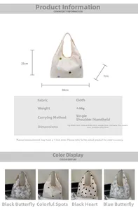 Detailed view showing lightweight canvas tote bag dimensions and various graphic patterns